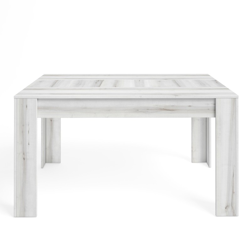 Mesa comedor rectangular madera blanca con patas robustas y tablero laminado texturizado