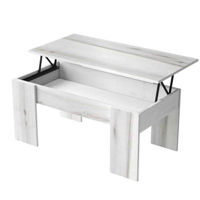 Mesa de centro abatible en madera blanca con tapa elevable y almacenamiento interior