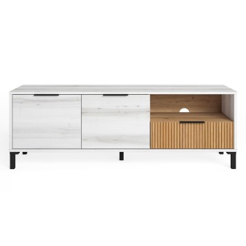 Mueble TV blanco y madera con dos cajones y nicho abierto con puerta acanalada y patas negras