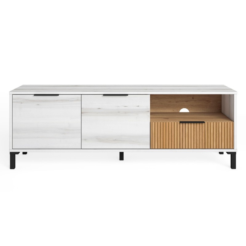 Mueble TV blanco y madera con dos cajones y nicho abierto con puerta acanalada y patas negras