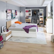Pack de Muebles de Dormitorio Etnha en Blanco Artik y Natur (Cabecero + 2 Mesitas de Noche + Cama con Cajones + Vestidor)