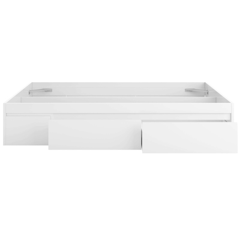 Base cama blanca con cajones de almacenamiento y estructura rectangular vista de perfil