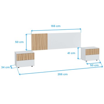 Dormitorio moderno con cabecero tapizado blanco y madera natural y dos mesillas a juego con cajones