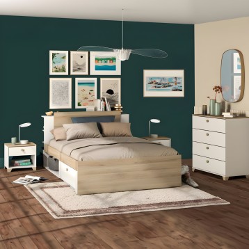 Cama de madera natural y blanco con almacenamiento y cabecero tapizado en dormitorio ambiente