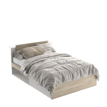 Cama con estructura de madera clara y blanco con cabecero tapizado beige y ropa de cama gris