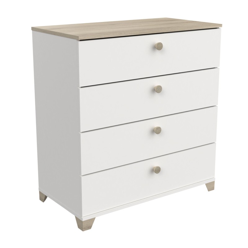 Cómoda blanca con cuatro cajones y tablero superior en madera natural con tiradores de madera