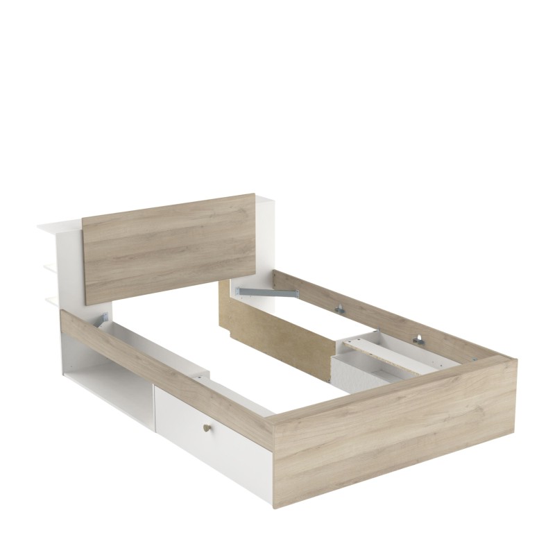 Cama individual con estructura en madera clara y blanco y cajones de almacenamiento integrados en la base