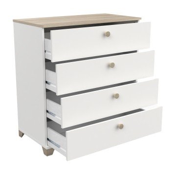 Cómoda blanca con cuatro cajones abiertos y tirador de madera sobre tablero superior en acabado roble natural