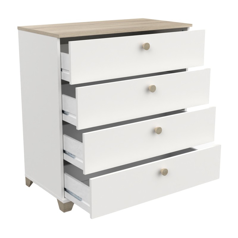 Cómoda blanca con cuatro cajones abiertos y tirador de madera sobre tablero superior en acabado roble natural