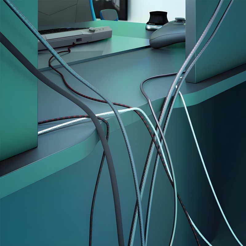 Escritorio moderno en tonos turquesa y gris con cables organizados y accesorios tecnológicos