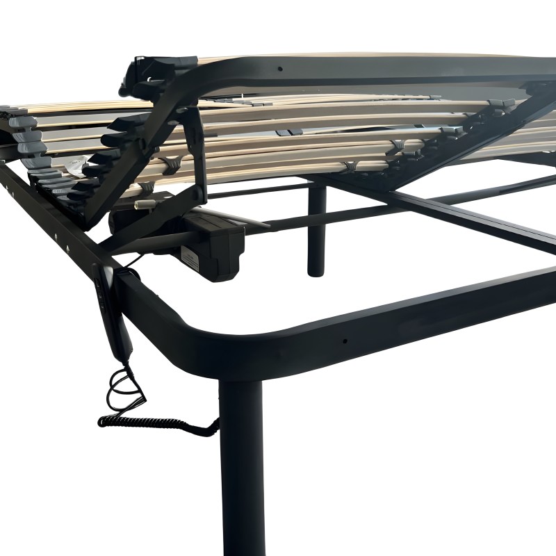 Base cama eléctrica color negro con estructura de acero y láminas de madera con mecanismo de ajuste lateral