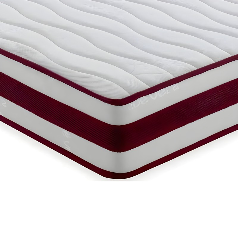 Detalle de capas de colchón viscoelástico blanco y burdeos con superficie acolchada ondulada