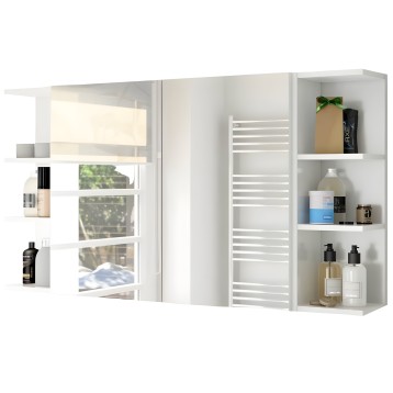 Espejo de baño blanco con estantes y toallero integrado encima de ventana