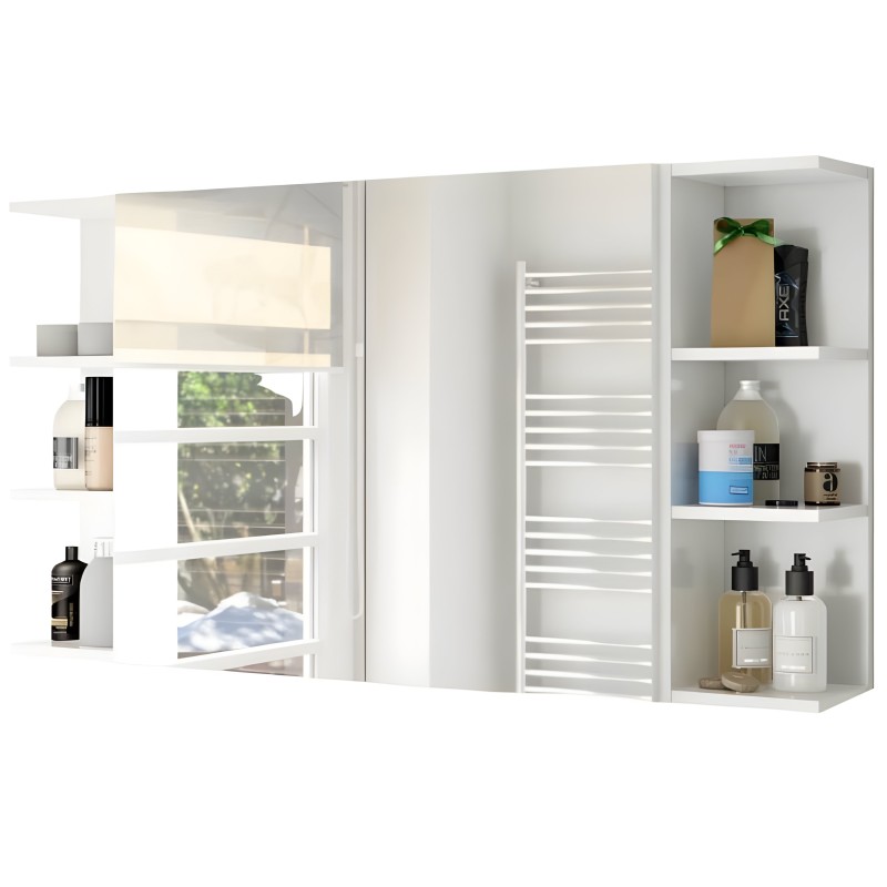 Espejo de baño blanco con estantes y toallero integrado encima de ventana