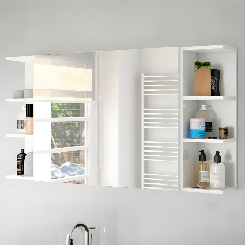 Espejo botiquín blanco con estantes abiertos y puerta con persiana incorporada y productos de baño