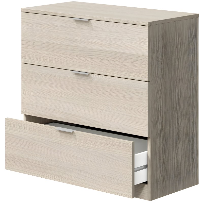 Cómoda de madera clara con tres cajones y tiradores metálicos