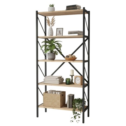 Estantería de madera y metal negro con cinco estantes y estructura tipo X y plantas decorativas
