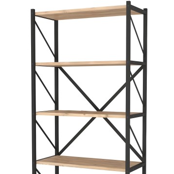 Estantería industrial con 4 estantes de madera clara y estructura metálica negra con travesaños en X