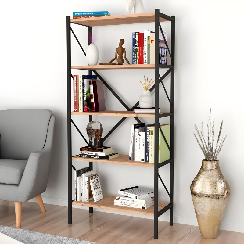 Estantería de 6 estantes con estructura metálica negra y tableros de madera clara estilo industrial