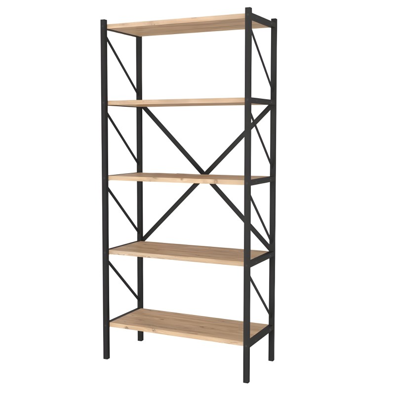Estantería de 5 estantes con estructura metálica negra y tableros de madera natural estilo industrial