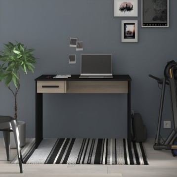Escritorio moderno con estructura negra y cajón en madera clara para área de trabajo y estudio
