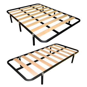 Base de cama con estructura metálica negra y tablillas de madera natural vista frontal y lateral