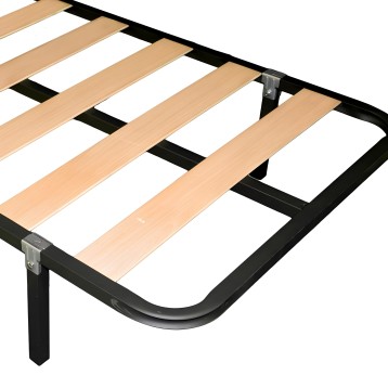 Somier con estructura metálica negra y láminas de madera natural soportadas por soportes metálicos