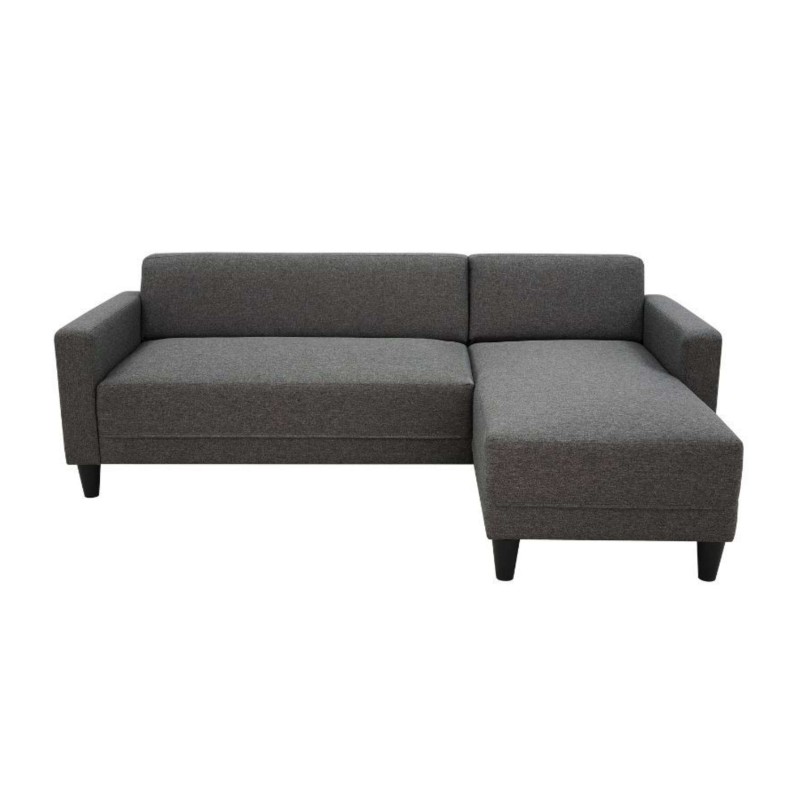 Sofá seccional gris oscuro con chaise longue y patas negras de madera