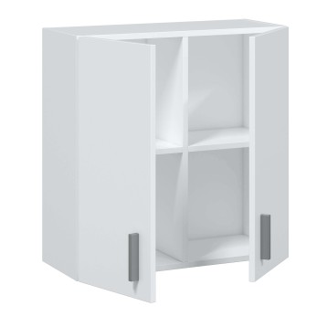 Mueble auxiliar blanco con puertas y compartimentos abiertos con tiradores grises