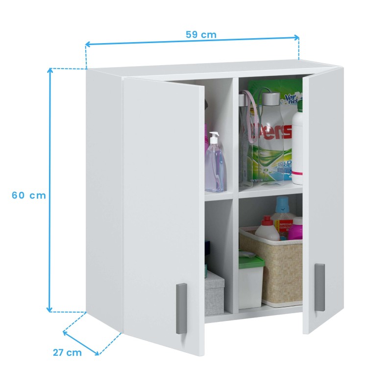 Armario bajo blanco con puertas abatibles y compartimentos abiertos con productos de limpieza y cestas organizadoras