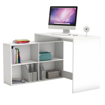 Escritorio blanco con estantería integrada y múltiples compartimentos para almacenamiento de libros y accesorios de oficina