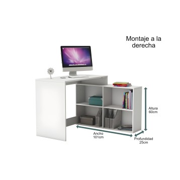 Escritorio blanco con estantería integrada y montaje a la derecha para computadora y almacenamiento