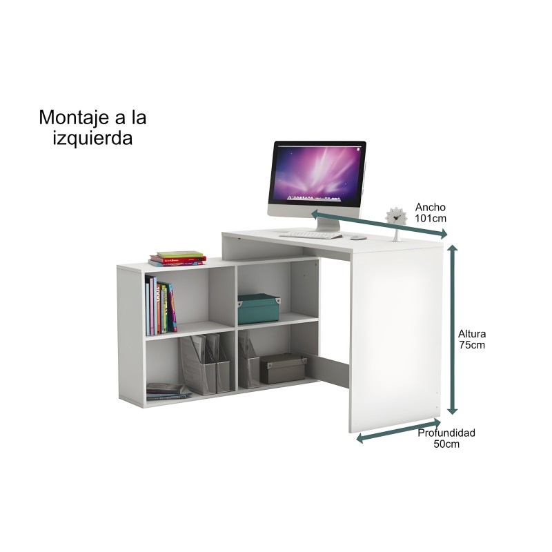 Escritorio blanco con estantería integrada y compartimentos abiertos para almacenaje y montaje a izquierda