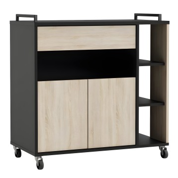 Mueble auxiliar con estructura negra y frentes en madera clara con puertas y estantes abiertos sobre ruedas