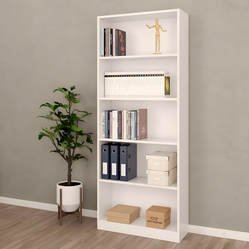 Estantería blanca de madera con seis compartimentos que contiene libros y objetos decorativos en ambiente