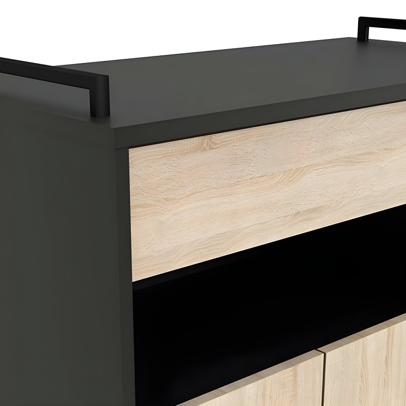 Mostrador comercial en negro y madera clara con bandeja superior y frente lacado