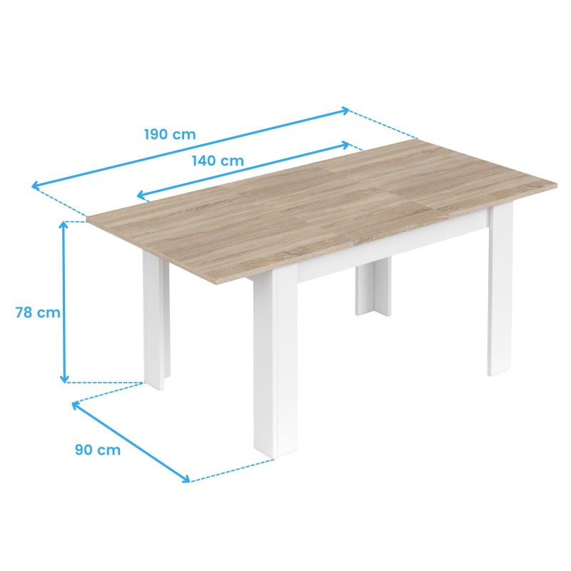 Mesa de comedor rectangular con tablero en color madera y patas blancas. Vista en perspectiva con dimensiones