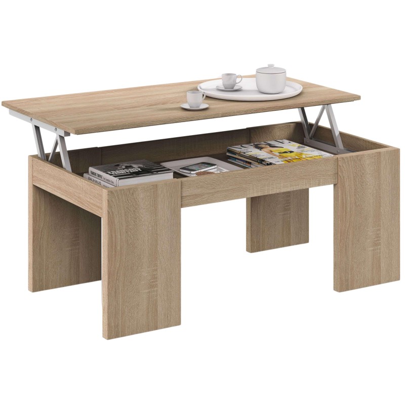 Mesa de centro elevable en madera clara con tapa abatible y almacenamiento interior para revistas y libros