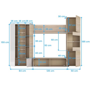 Composición modular de mueble de salón en tonos madera y blanco con estantes y espacios abiertos. Vista de medidas técnicas.