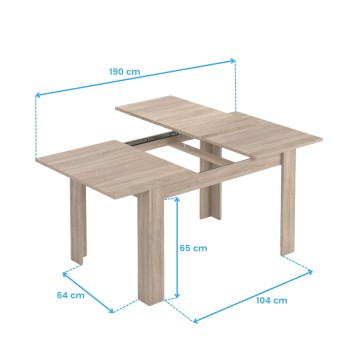Mesa comedor extensible en madera clara con tablero ampliable y patas macizas