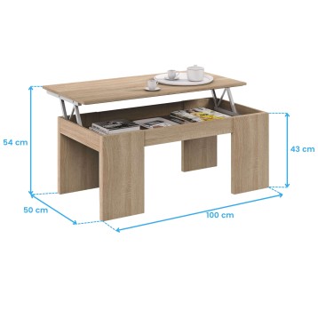 Mesa de centro elevable en madera clara con tapa abatible y almacenamiento interior