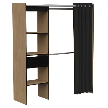Armario abierto madera natural y negro con estantes y barra de ropa con cortina gris oscuro