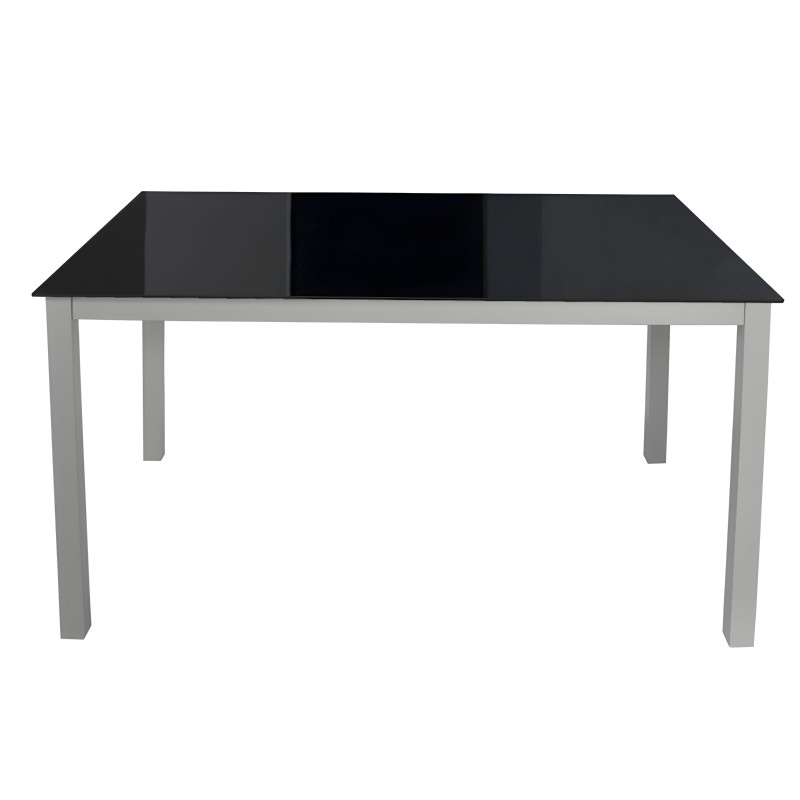 Mesa de comedor rectangular con cubierta negra y estructura de patas grises