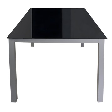 Mesa de comedor rectangular con cubierta negra y patas grises