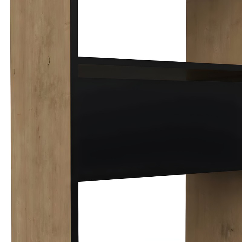 Estantería modular con estructura de madera natural y compartimentos negros de almacenamiento abierto