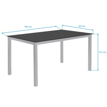 Mesa de comedor rectangular con tablero negro y estructura gris con medidas y dimensiones indicadas