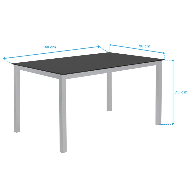 Mesa de comedor rectangular con tablero negro y estructura gris con medidas y dimensiones indicadas