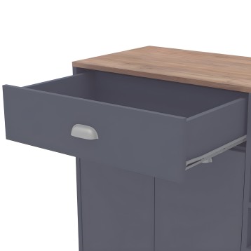 Mesita de noche gris antracita con cajón abierto y tablero superior en madera clara