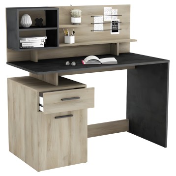 Escritorio moderno con tablero negro y estructura en madera clara y gris oscuro con repisa organizadora y cajonera lateral integ