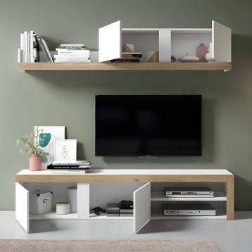 Mueble TV modular con estante flotante superior y mueble base blanco y madera con compartimentos abiertos y cerrados